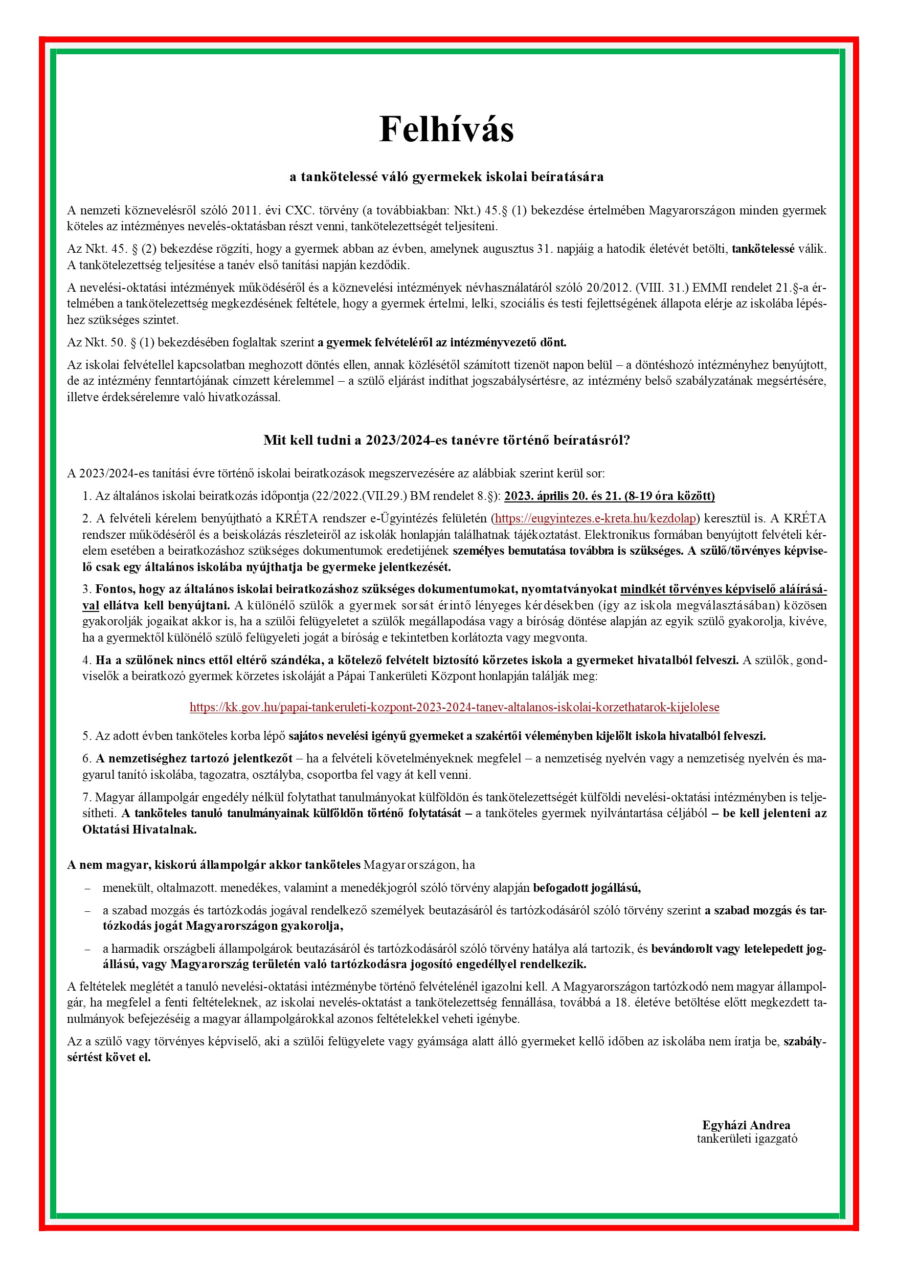 felhivas iskolai beiratasra